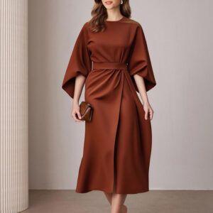 Fashionable Casual Everyday Commuter Solid-color Crew-neck Lace-up Dress