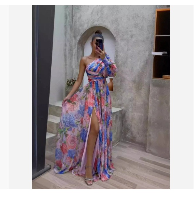Floral Print Split Maxi Dress Fashion Sexy One-shoulder Long-sleeved Dresses Summer Beach Clothing For Women - Image 9