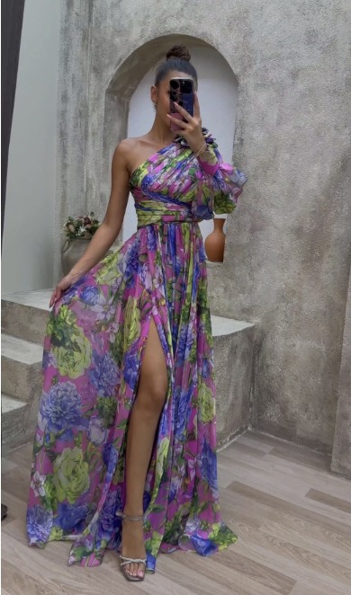 Floral Print Split Maxi Dress Fashion Sexy One-shoulder Long-sleeved Dresses Summer Beach Clothing For Women - Image 8