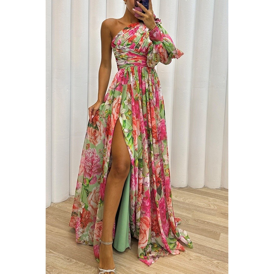 Floral Print Split Maxi Dress Fashion Sexy One-shoulder Long-sleeved Dresses Summer Beach Clothing For Women - Image 5