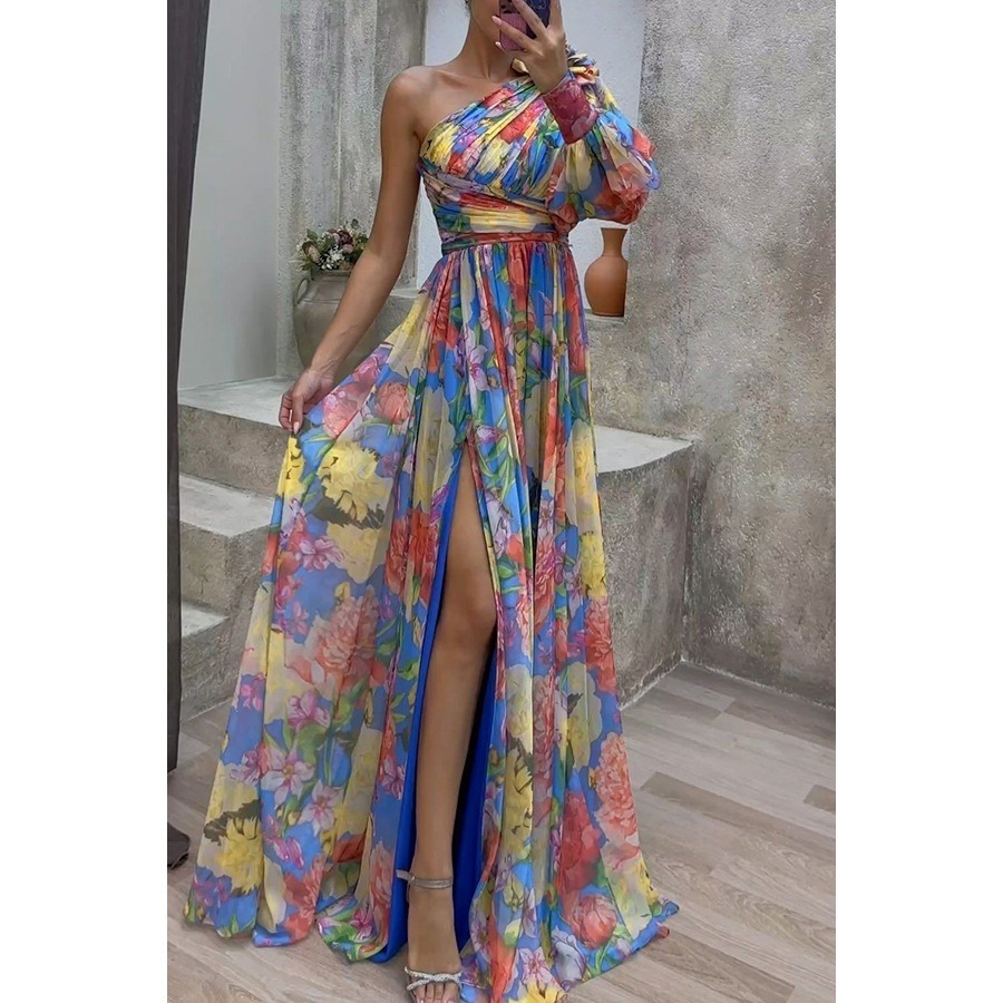 Floral Print Split Maxi Dress Fashion Sexy One-shoulder Long-sleeved Dresses Summer Beach Clothing For Women - Image 3