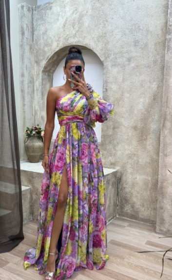 Floral Print Split Maxi Dress Fashion Sexy One-shoulder Long-sleeved Dresses Summer Beach Clothing For Women - Image 7