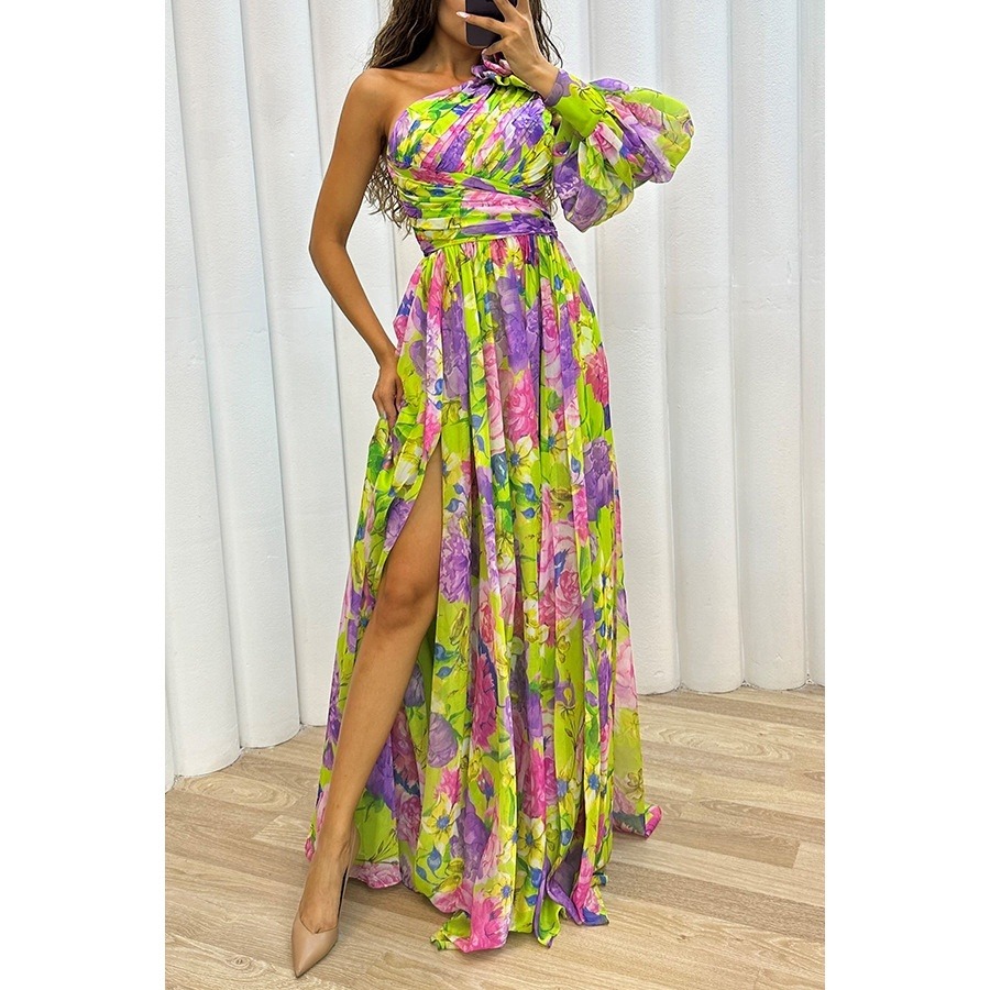 Floral Print Split Maxi Dress Fashion Sexy One-shoulder Long-sleeved Dresses Summer Beach Clothing For Women - Image 2